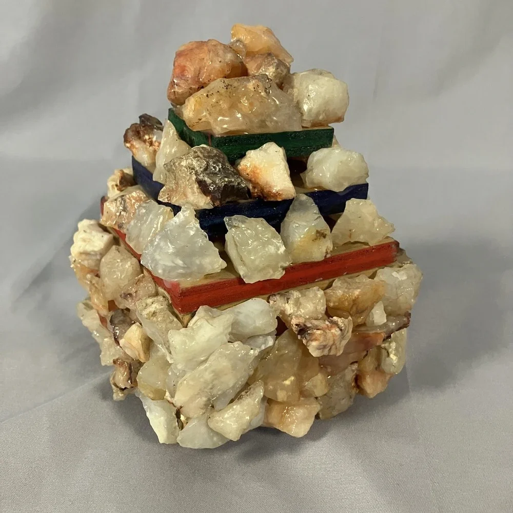 Handmade Stone Quartz Rock Encrusted Pyramid Trinket Jewelry Box Wood‎ Keepsake